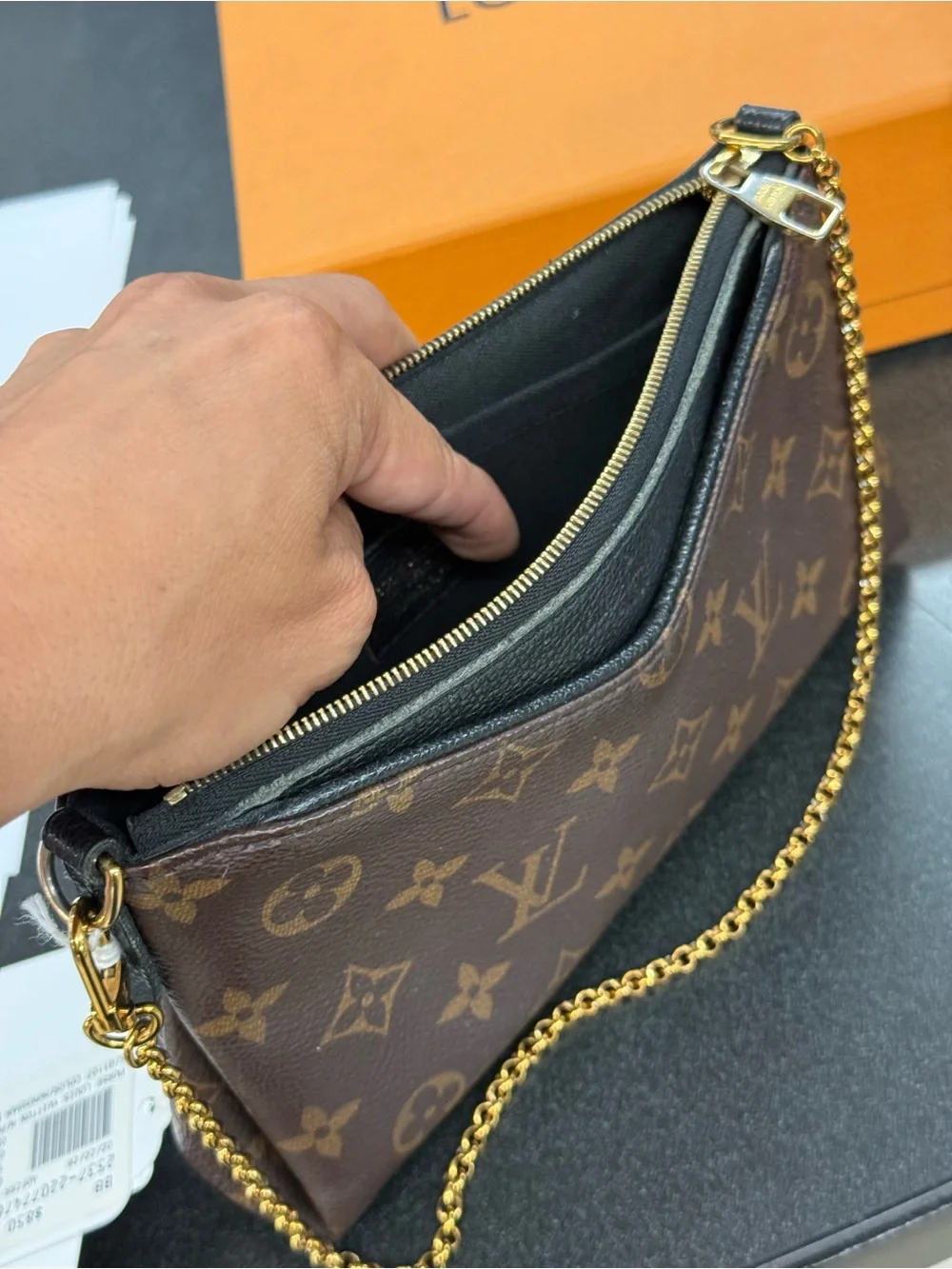 Louis Vuitton Brown Monogram Canvas Chain Shoulder Bag PALLAS clutch purse